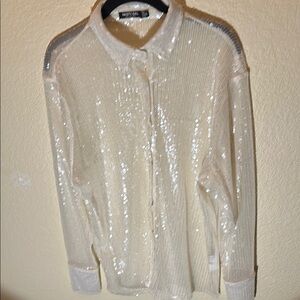 Nasty Gal size 6 White Sequin button/snap down blouse.